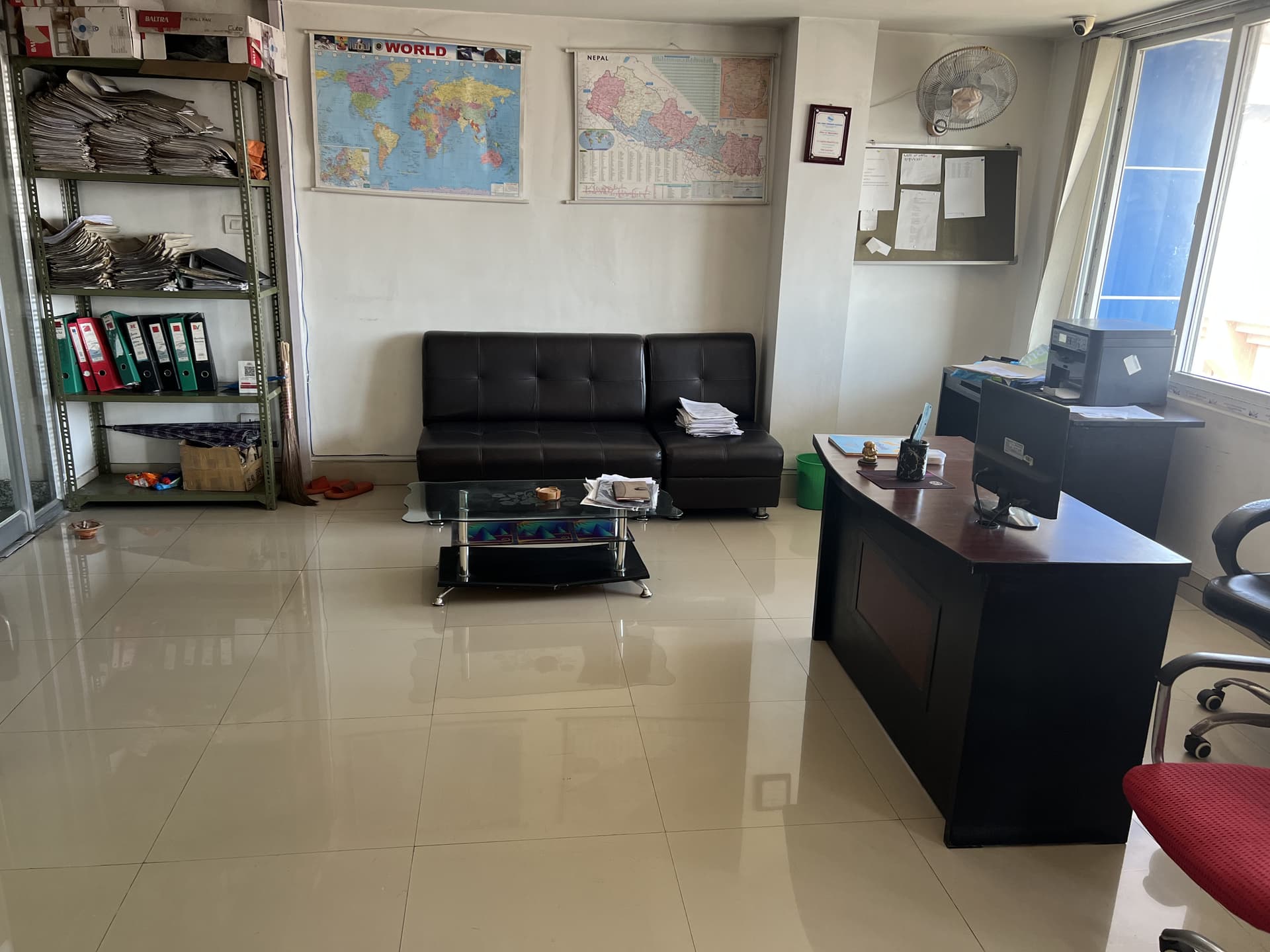 Office interior with workspace and seating area